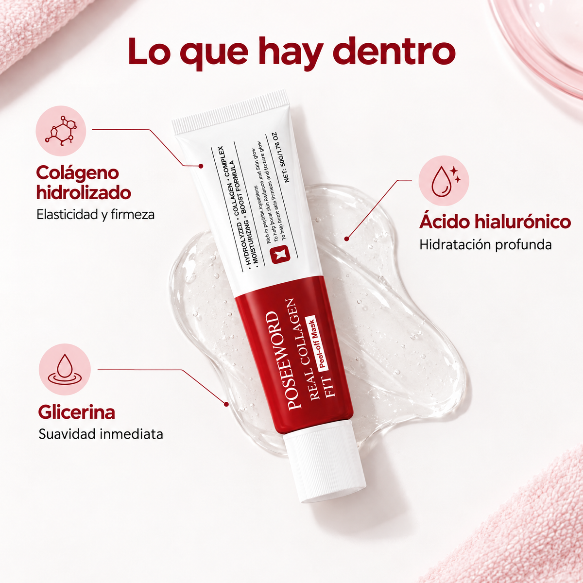 Ingredientes: colágeno hidrolizado, ácido hialurónico y glicerina